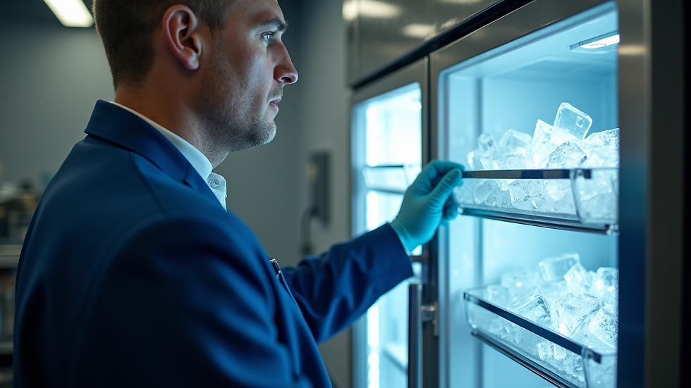 Eye-level view of a technician repairing a refrigerator ice maker