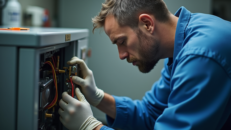 Close-up view of a technician repairing a refrigerator compressor