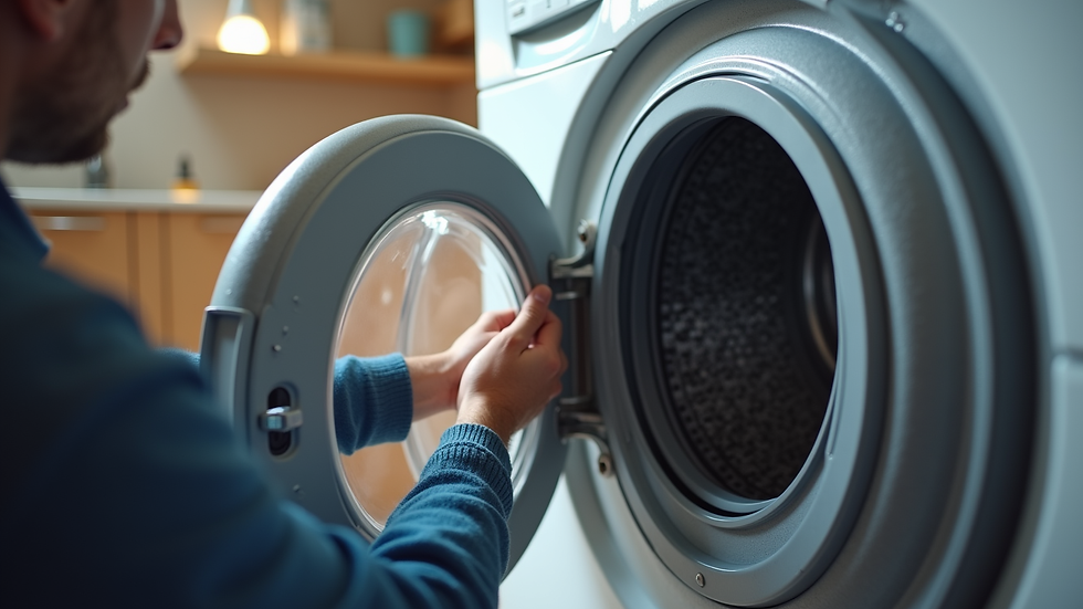Close-up view of a technician replacing a washing machine hose in a home laundry room