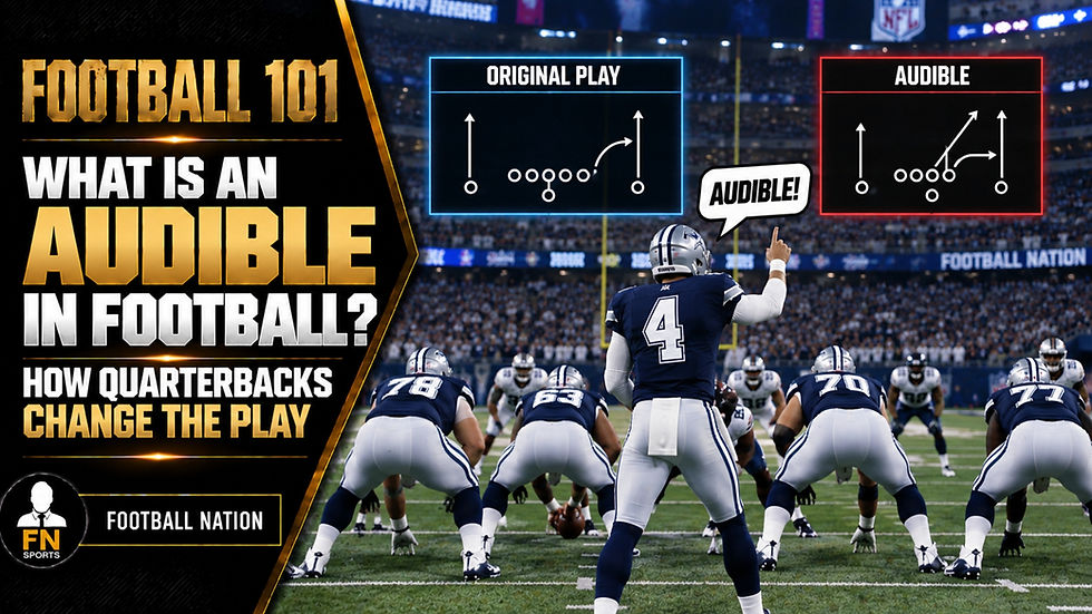 An audible is a pre-snap change to the offense’s original call. After seeing the defensive alignment, the quarterback—or occasionally the sideline—uses a word, signal or gesture to replace the play, redirect it, alter a route or change the protection.