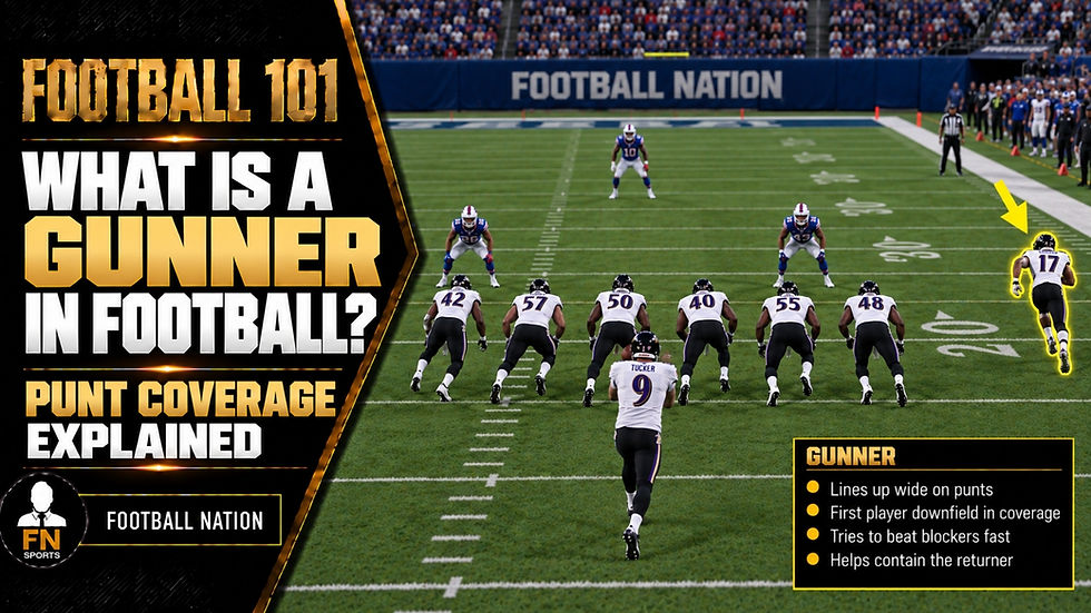 A gunner is the wide punt-coverage player whose first job is to beat the blockers at the line, sprint down the sideline and reach the returner before a return lane develops. Most punt units use one gunner on each side.