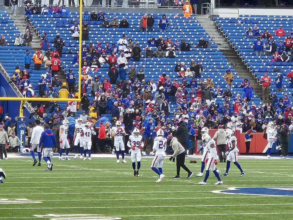 Buffalo Bills defensive backs warm up before playing Tampa Bay Buccaneers in 2025