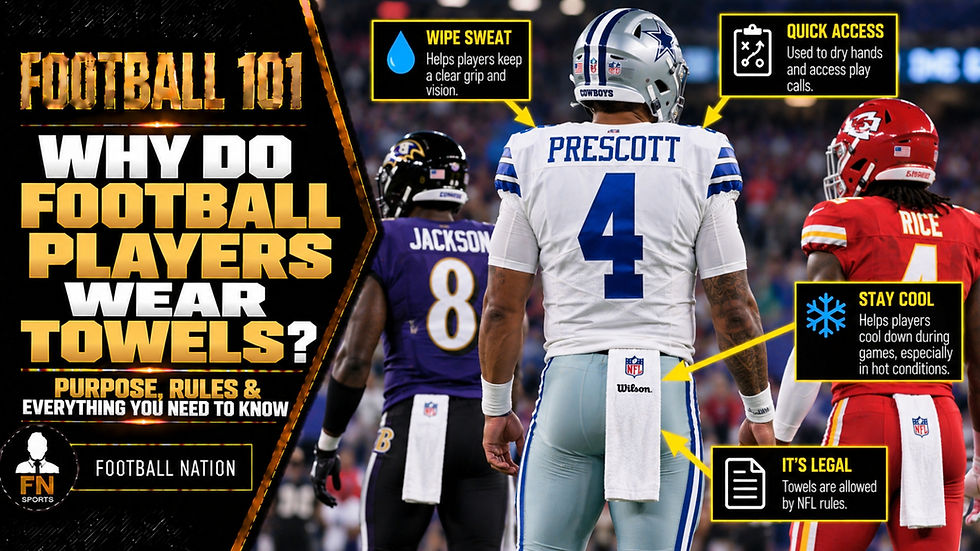 Football players wear towels to keep their hands dry and preserve control of the ball.