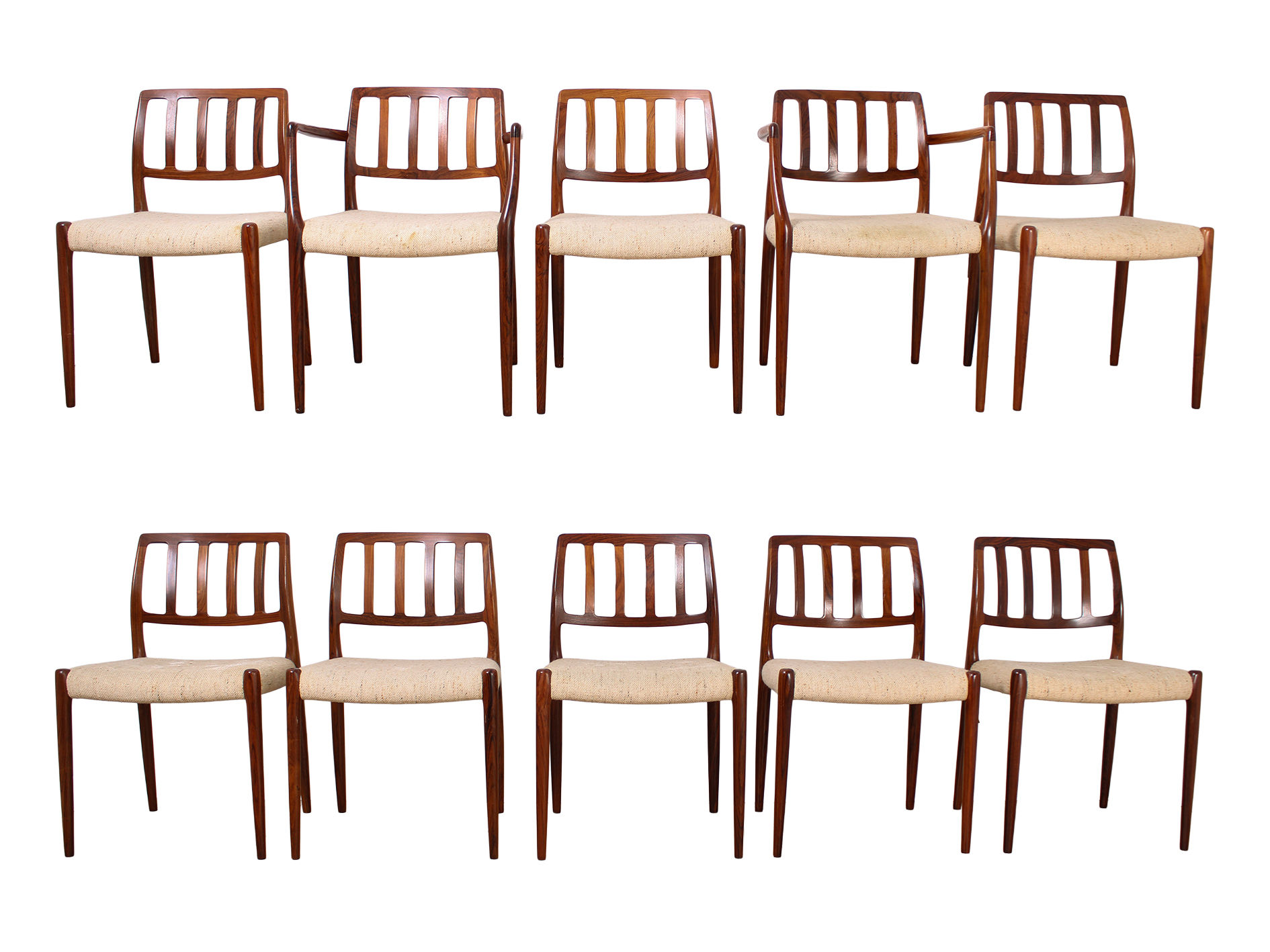 10 vintage Danish mid-century rosewood Niels Moller chairs - models 83 & 66
