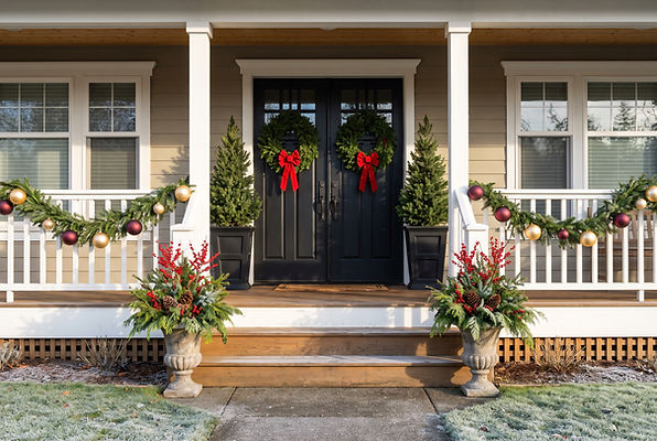 Christmas porch with wreaths, railing garland, ornaments, potted evergreens, and urns of greens and winterberry