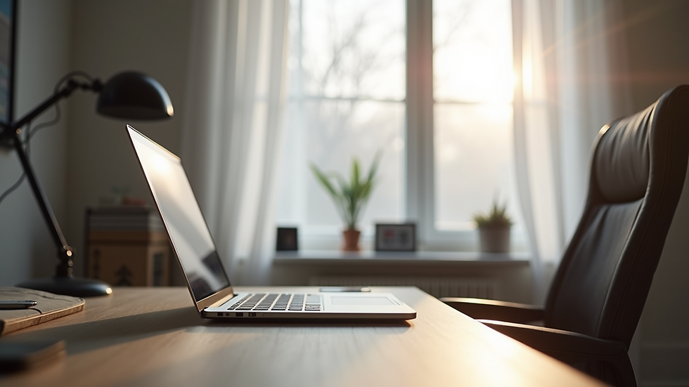 Eye-level view of a minimalistic workspace setup with a dedicated desk and a laptop