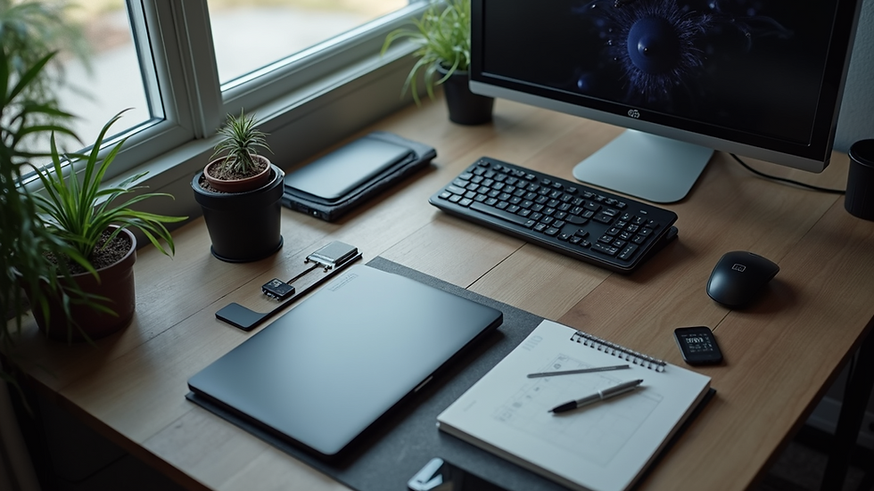 High angle view of a minimalist workspace packed with tech gadgets