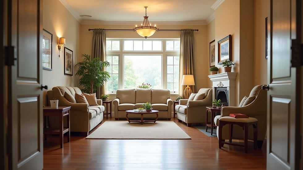 Eye-level view of a cozy common area in an assisted living facility