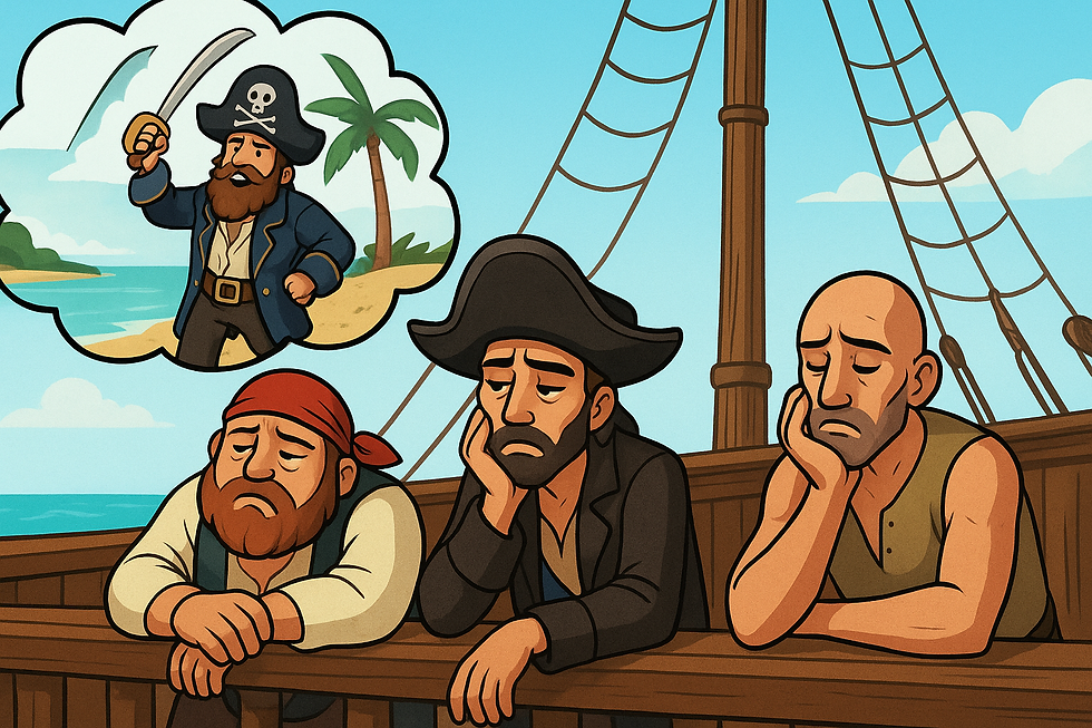 pirates look glumly on with bored expressions dreaming of a more exciting pirate life with swords and adventure