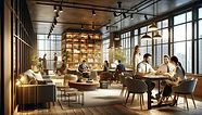 realistic depiction of a small, boutique office with a focus on the people. The scene show