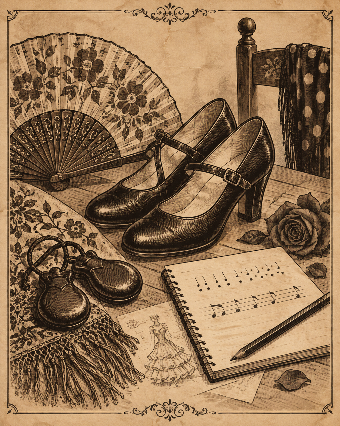 Ilustración sepia de zapatos, abanico, castañuelas y cuaderno de flamenco