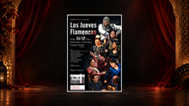 Los Jueves Flamencos November 12, 2026 poster framed by red stage curtains