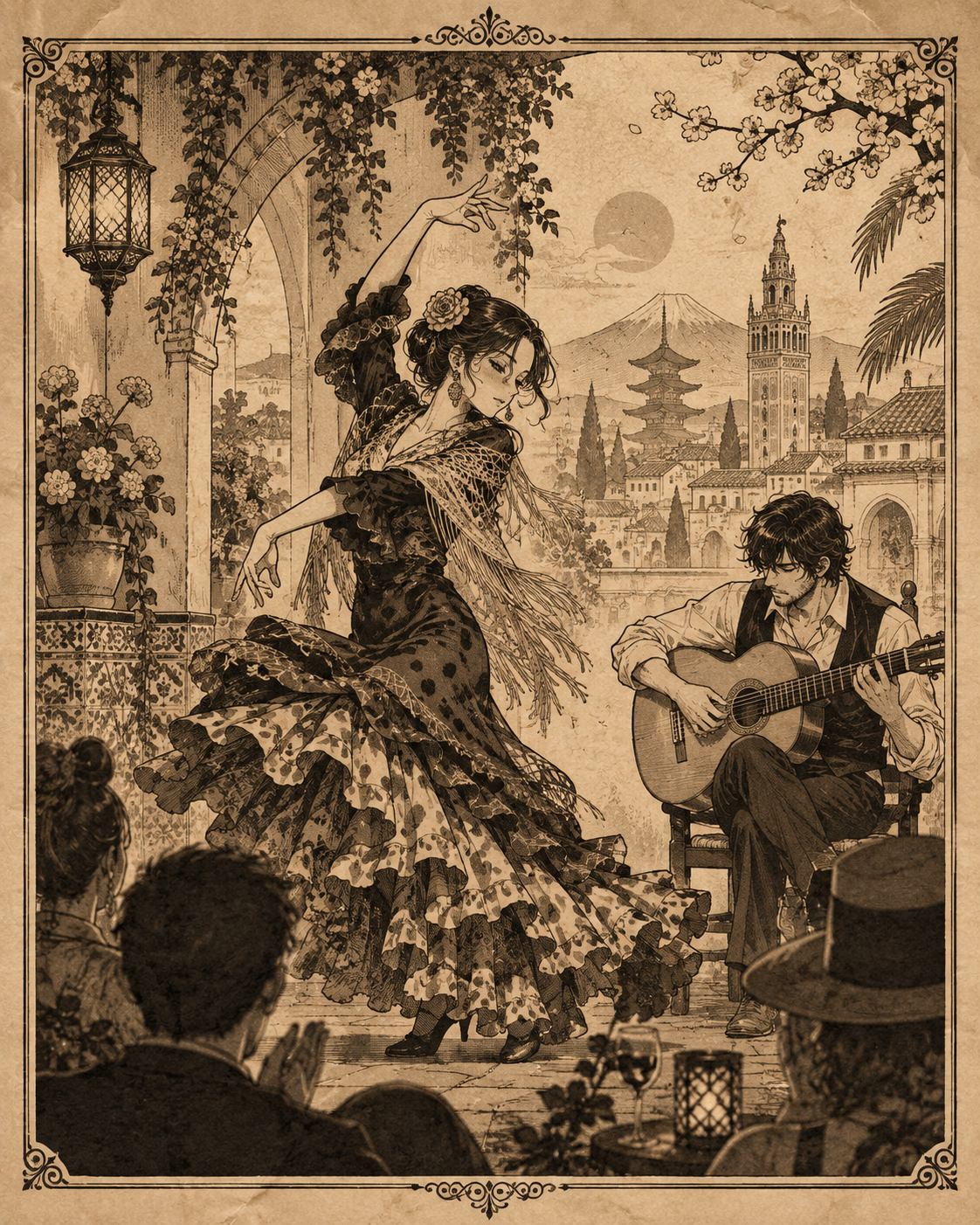 Ilustración manga sepia de una actuación flamenca entre Tokio y Andalucía