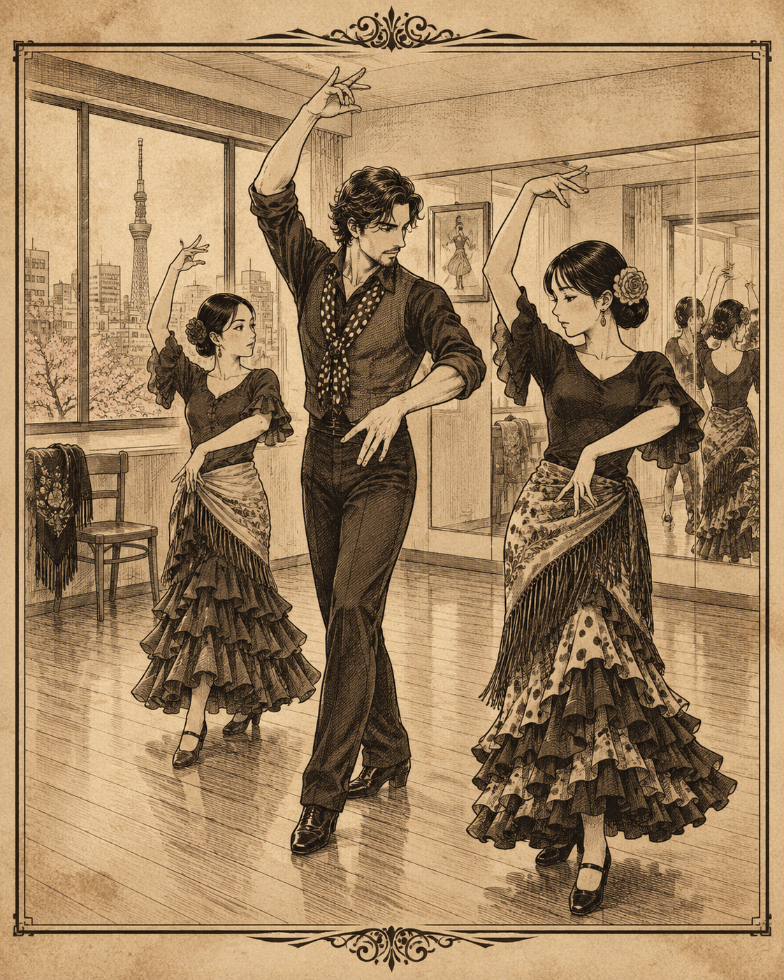 Ilustración manga sepia de una clase de flamenco en Tokio