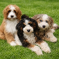 Three fluffy mini bernedoodles, one red tuxedo, one traditional tricolor and one merle tricolor