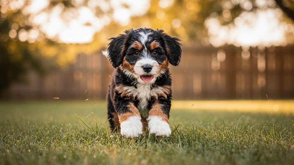 Eye-level view of a Mini Bernedoodle puppy playing in a grassy yard