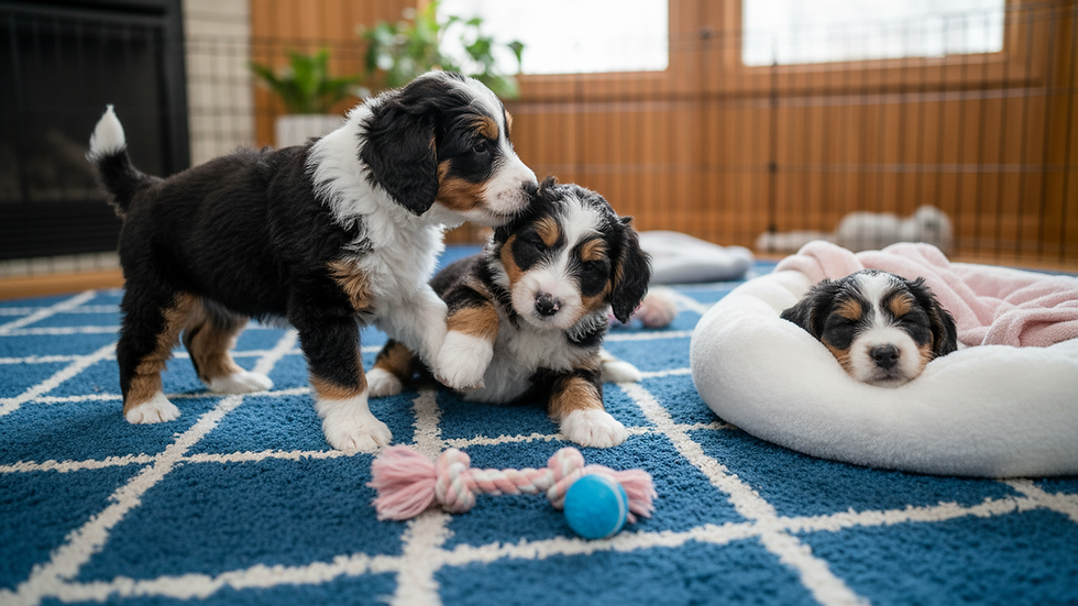 Eye-level view of a cozy puppy play area with Mini Bernedoodles playing