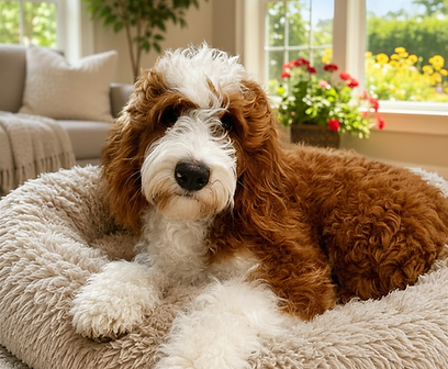 Penny, red tuxedo mini bernedoodle