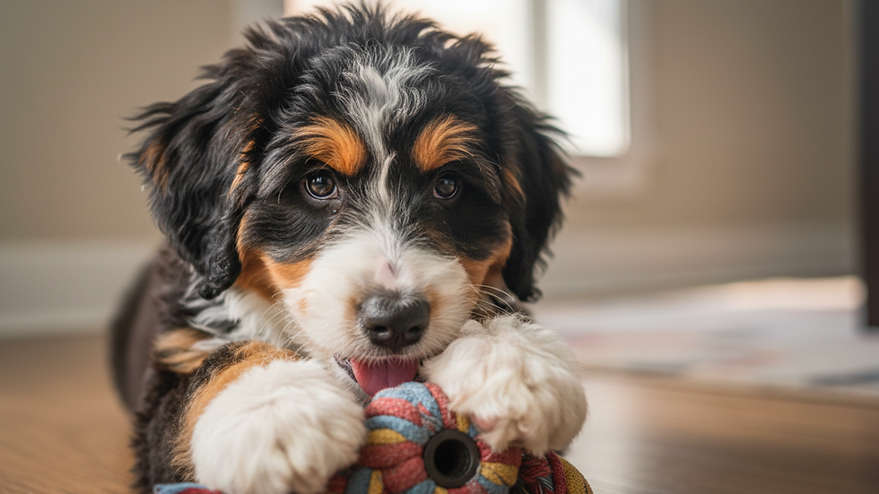 Close-up view of a Mini Bernedoodle puppy playing with a toy indoors