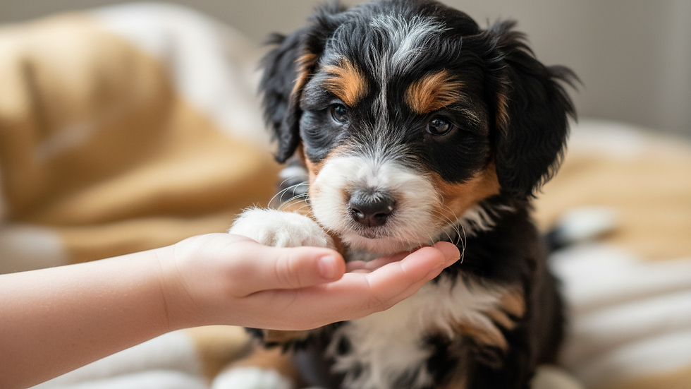 Close-up view of a Mini Bernedoodle puppy interacting with a child’s hand