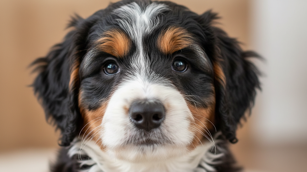 Close-up view of a Mini Bernedoodle puppy’s face with soft curly fur