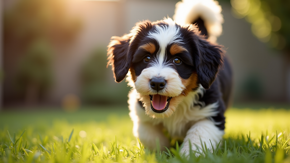 High angle view of a Bernedoodle playing happily in a shaded backyard
