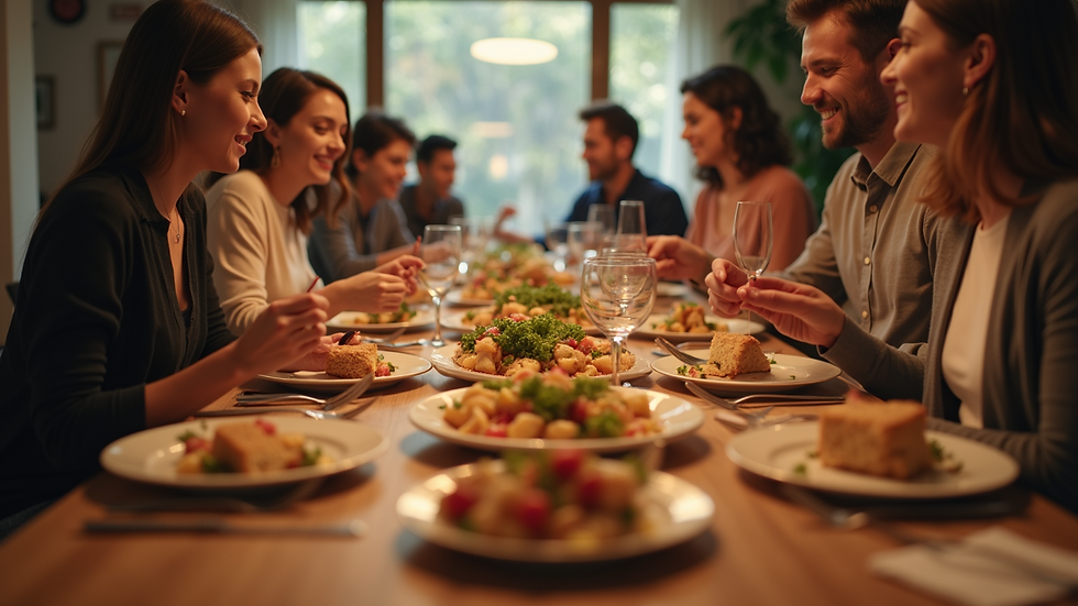 Eye-level view of a family gathering with people enjoying a meal