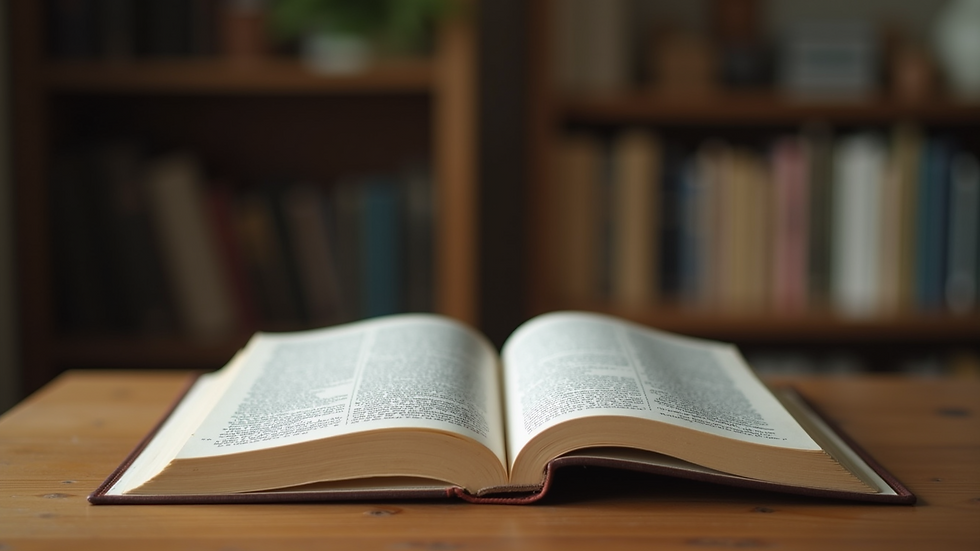 Eye-level view of an open book on a wooden table