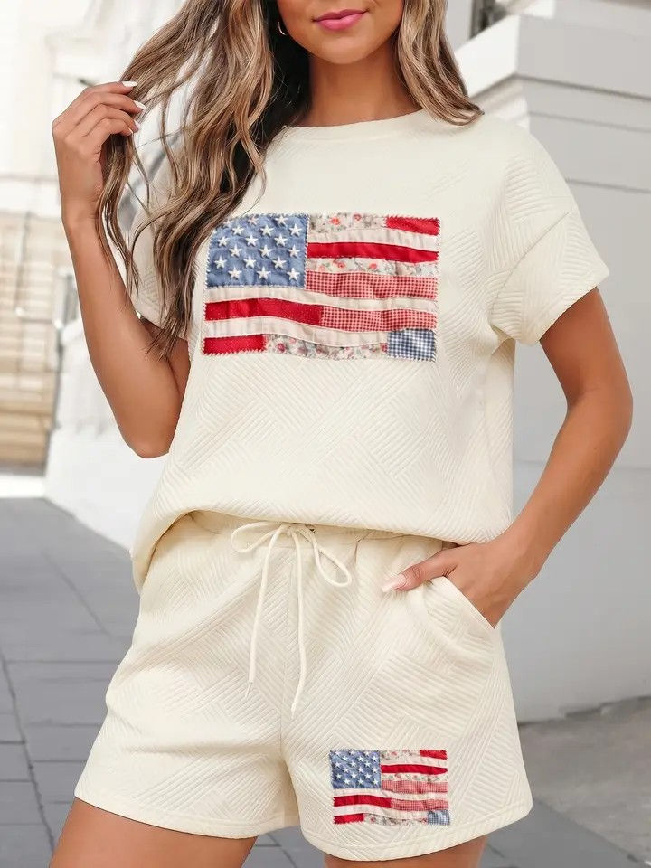 Creme Textured US Quilted Flag Short Set