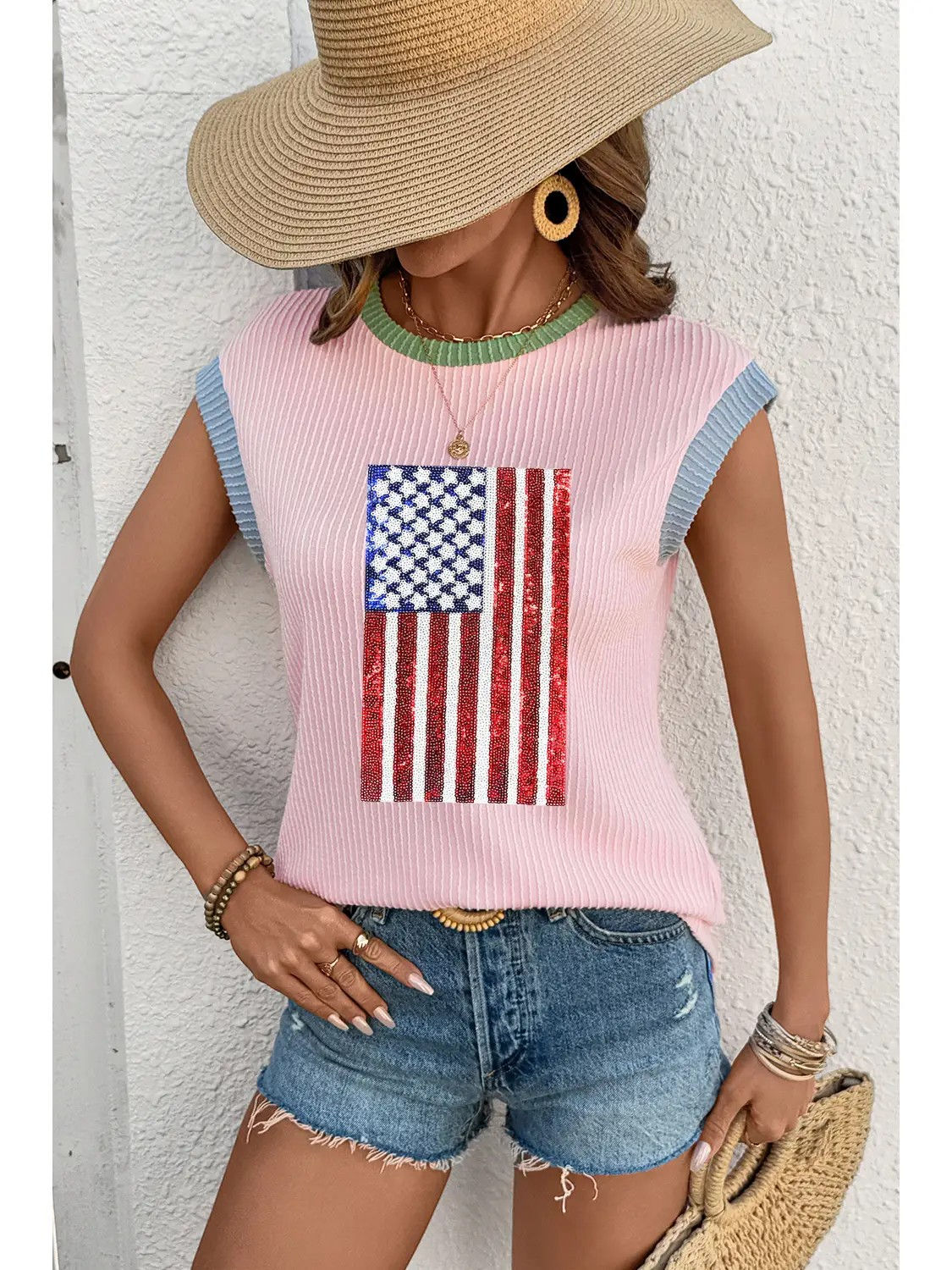 Pink Colorblock Twisted Rib American Flag Shirt