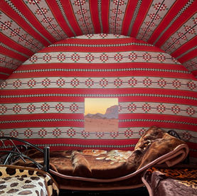 bedouin tent in traditional bedouin camp with mountain view in wadi rum