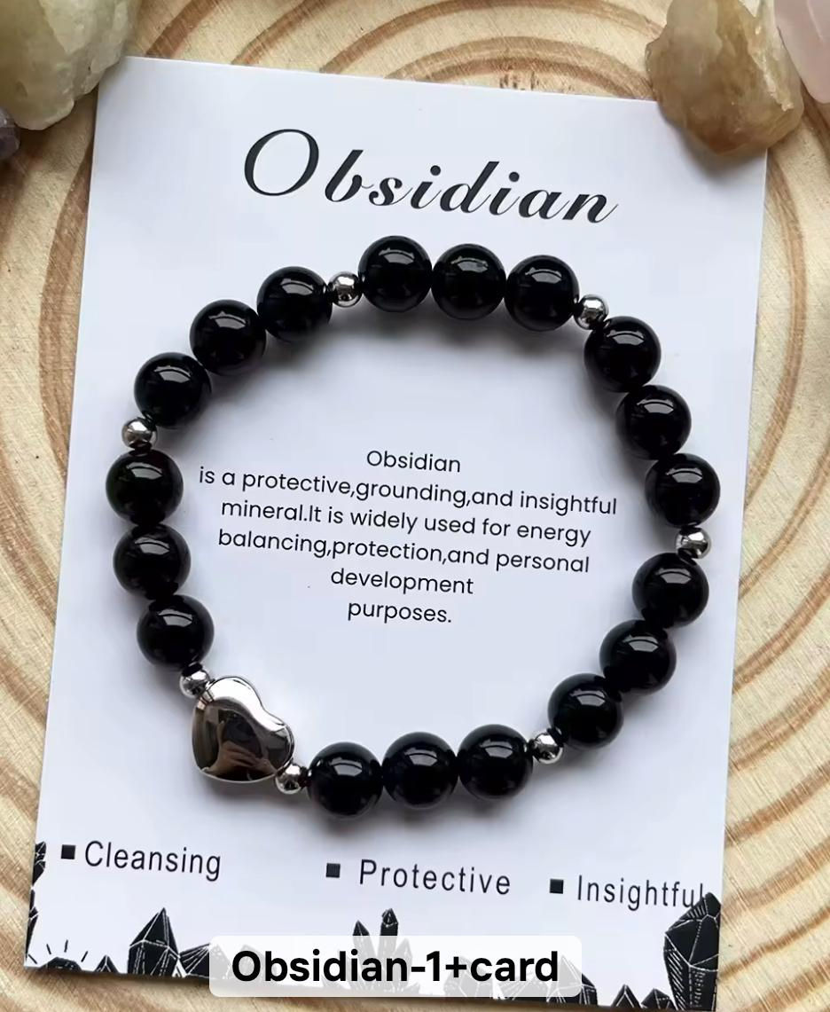 Thumbnail: Unisex Beaded Natural Crystal Bracelet Spiritual Protection with Heart Pendant