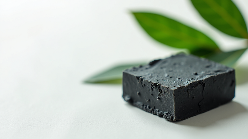 Eye-level view of natural black soap with green leaves on a white background