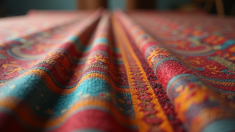 Eye-level view of traditional woven fabric with vibrant patterns