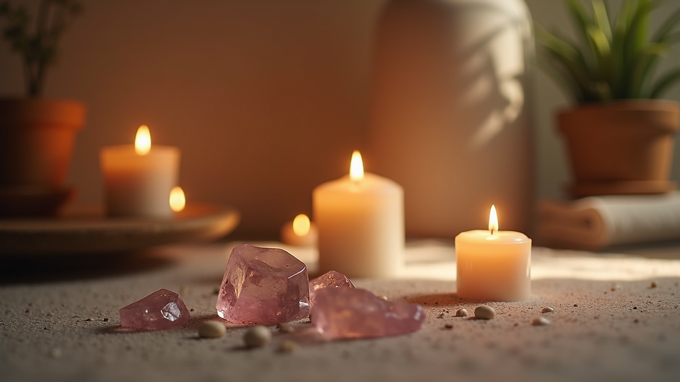Eye-level view of a serene meditation space with candles and crystals