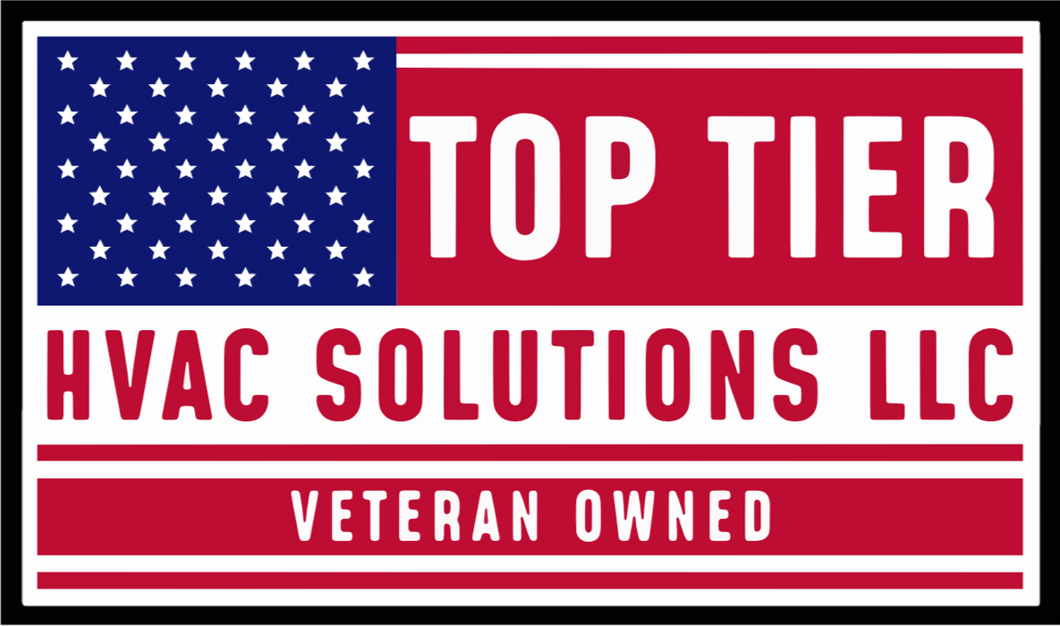 Top Tier HVAC Solutions LLC logo, American flag background, Veteran Owned, red and white.