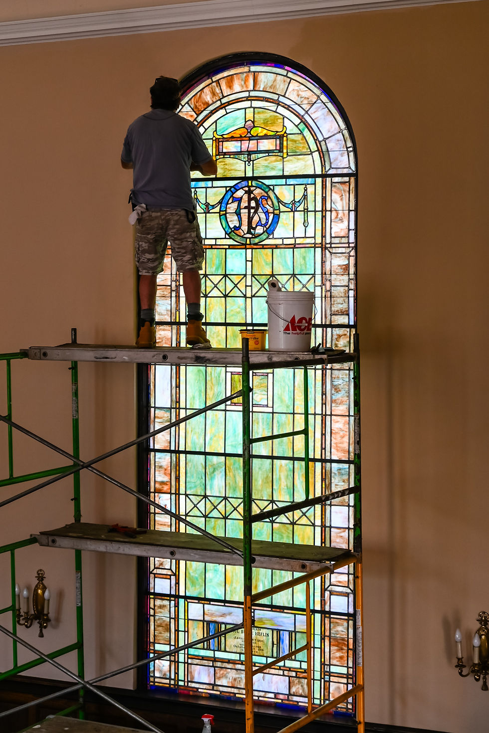 Detailed professional window assessment for a church stained glass preservation project in Statesville, NC.