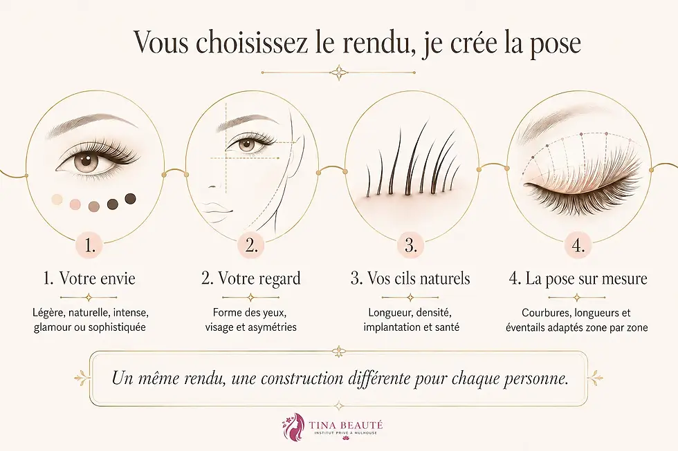 Infographie expliquant comment Tina Beauté crée une pose d’extensions de cils sur mesure selon le rendu souhaité, la forme du regard et la santé des cils naturels.
