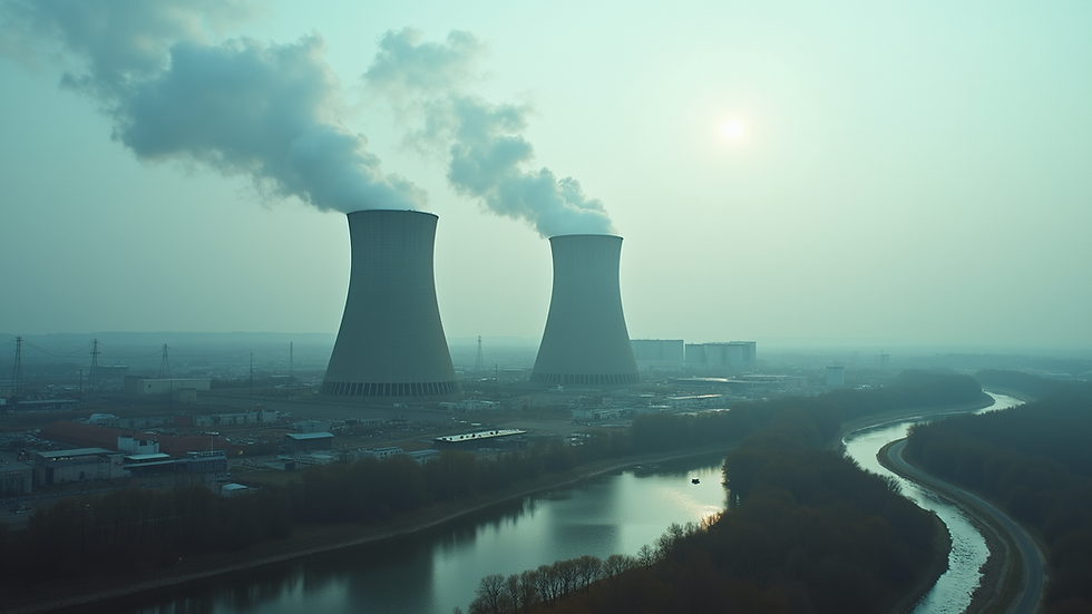 High angle view of nuclear power plant with cooling towers
