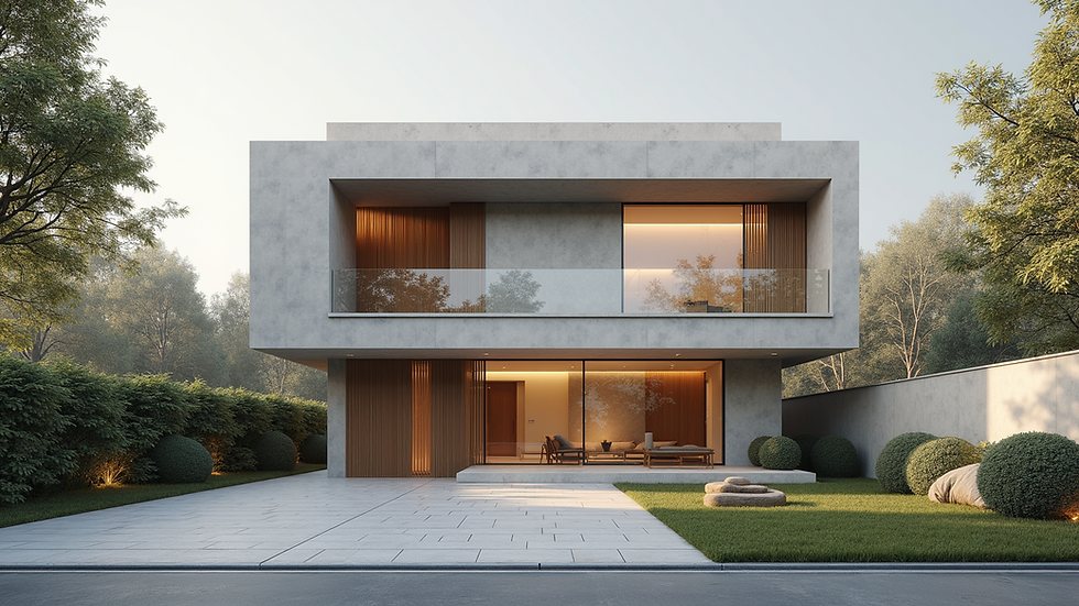 Wide angle view of a photorealistic 3D rendered building exterior