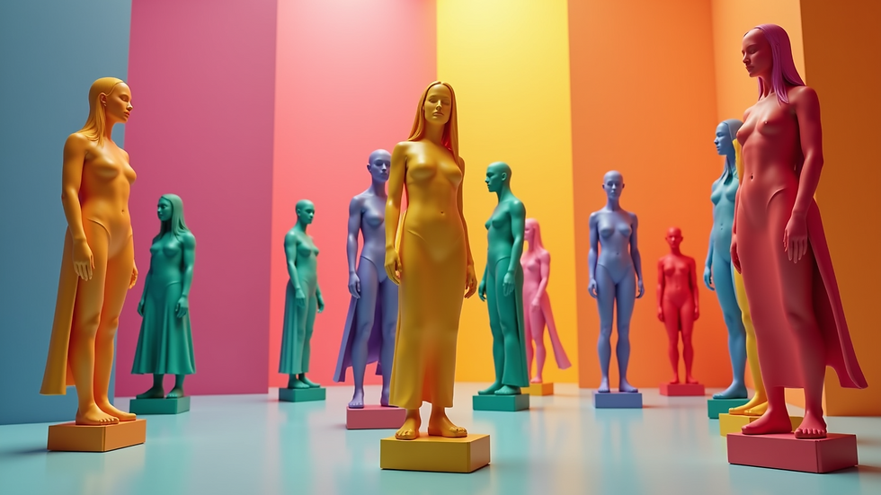 High angle view of a vibrant 3D art studio filled with colorful models