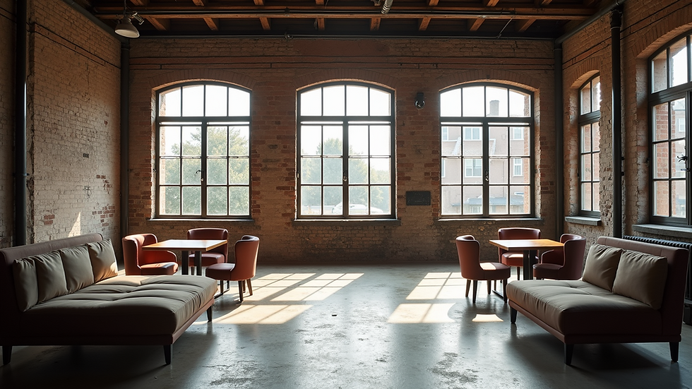 Eye-level view of an old warehouse conversion with modern seating and original industrial features
