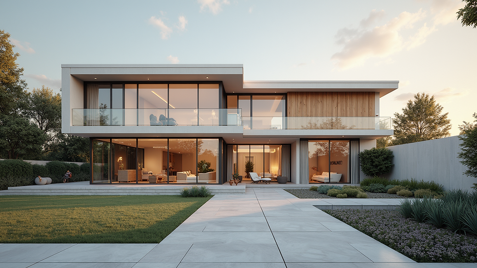 Wide angle view of a photorealistic architectural exterior rendering