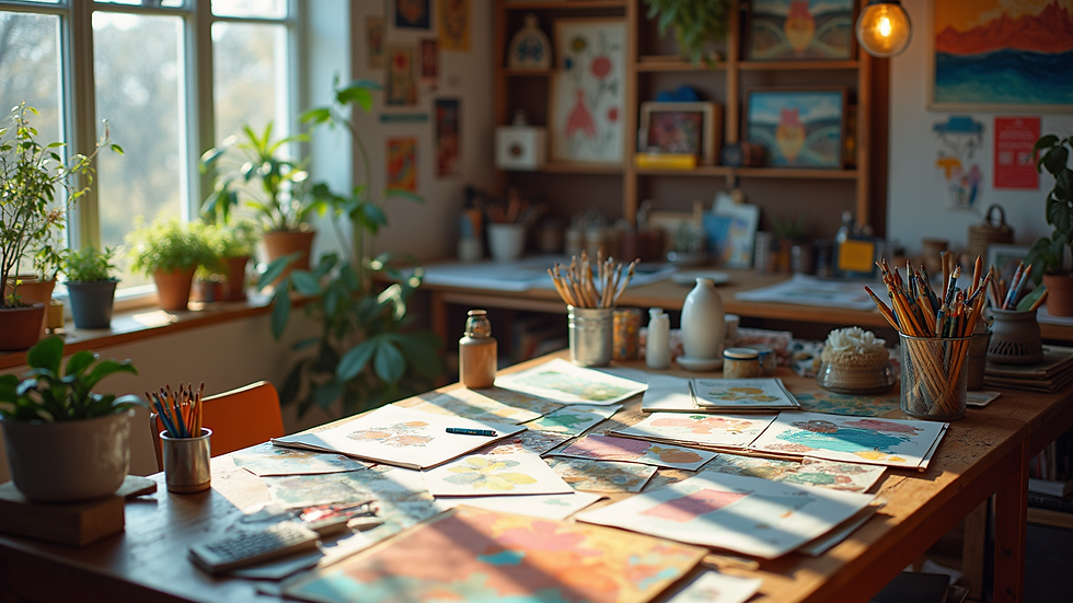 High-angle view of a vibrant design studio filled with art supplies