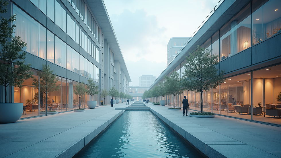 Wide angle view of an architectural site with AR technology overlay