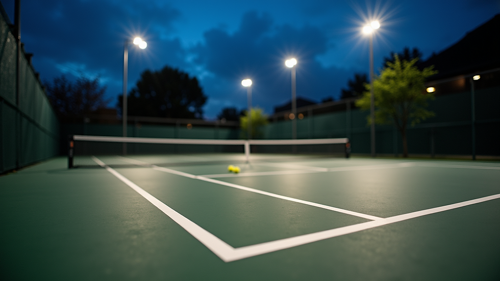 High angle view of a well-lit pickleball court at dusk