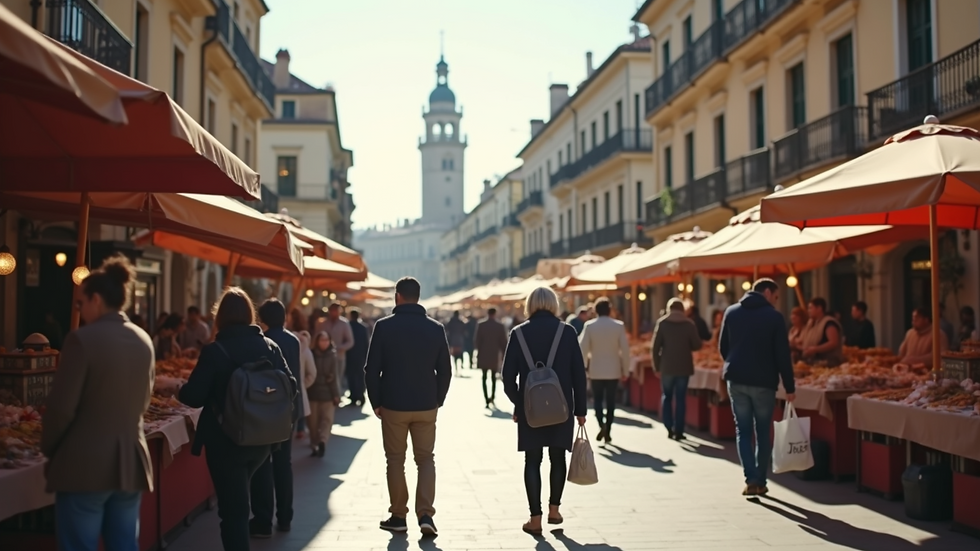 Eye-level view of a public plaza bustling with people enjoying an outdoor market