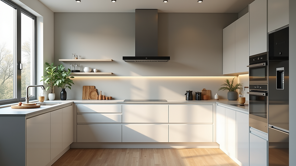 High angle view of a stylish kitchen with modern appliances and a functional layout