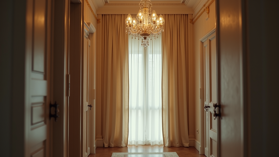 Eye-level view of a fitting room with elegant curtains