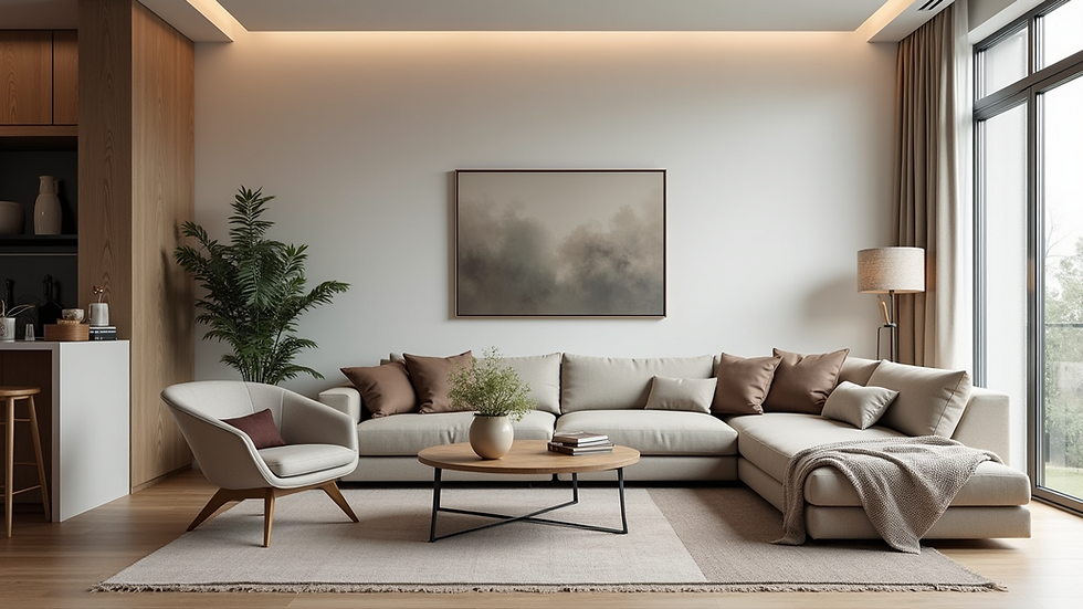 Eye-level view of a modern living room with a cozy sofa and stylish decor